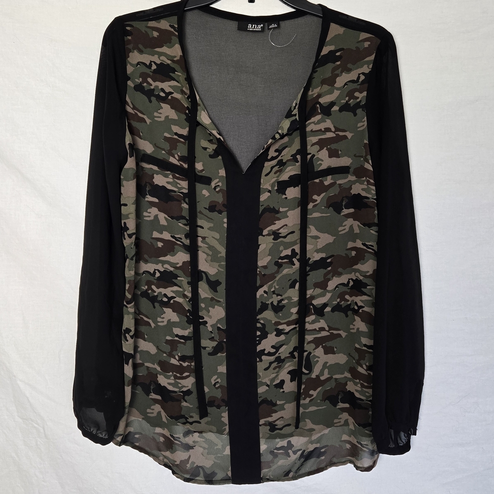 a.n.a Sheer Camo Print Long Sleeve Blouse - Size M - Utility Chic